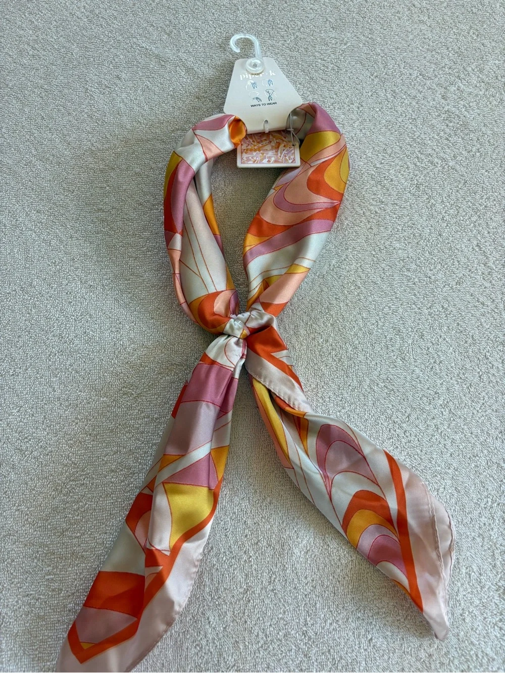 Piper K Satin Retro Print Square Scarf Orange Pink 60s NWT